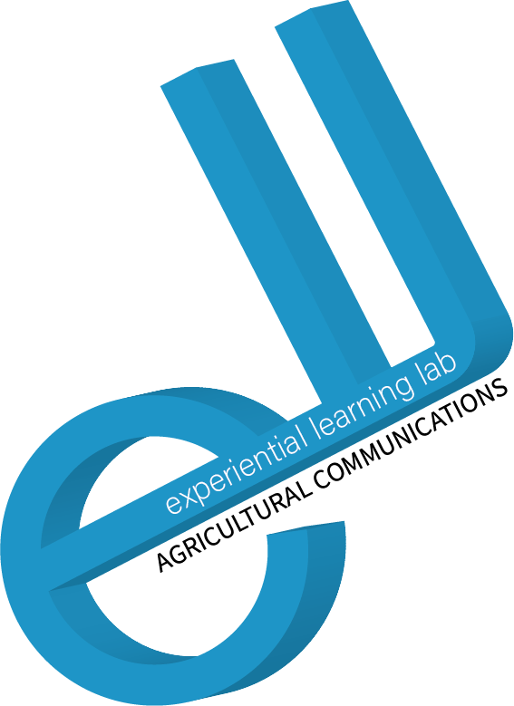 Logo of the Experiential Learning Lab for Agricultural Communications, featuring stylized text and abstract shapes in blue.